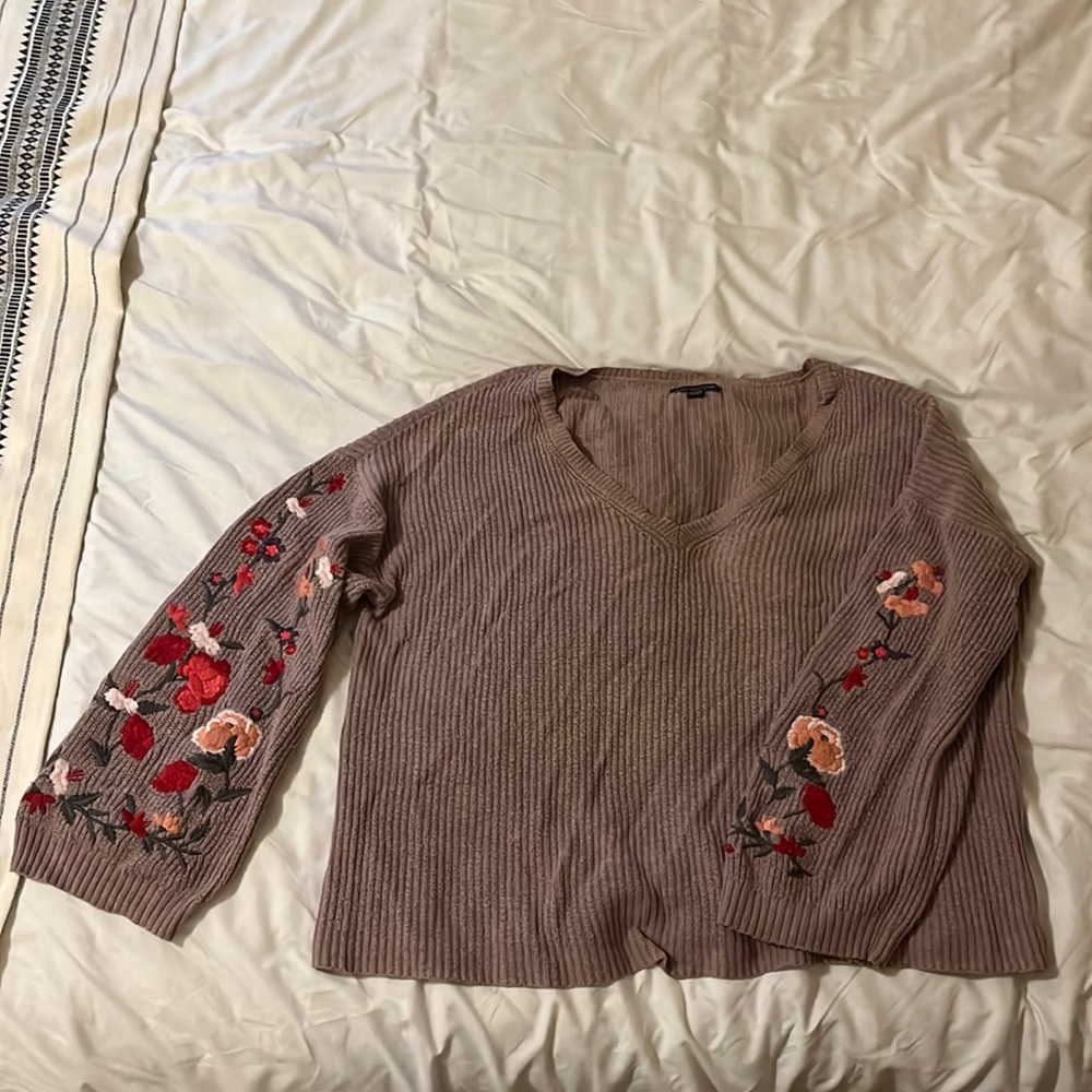 Oversized floral embroidered v neck sweater